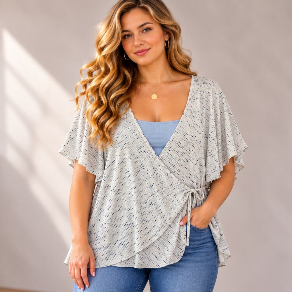 Lane Bryant Wrap Top Womens 26/28 White Blue Deep V-Neck Ribbed Stretchy